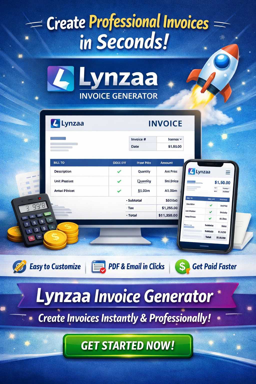 Create professional invoices in seconds with Lynzaa Invoice Generator 🚀